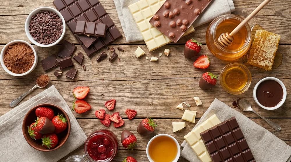 Prato sofisticado com morangos frescos, chocolate amargo e nozes