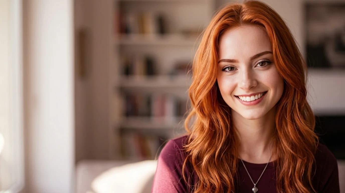 Mulher ruiva sorrindo em still acolhedor com luz quente