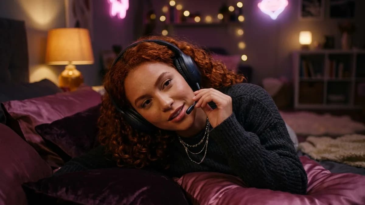 Mulher ruiva com fones de ouvido sussurrando em quarto com iluminação intimista