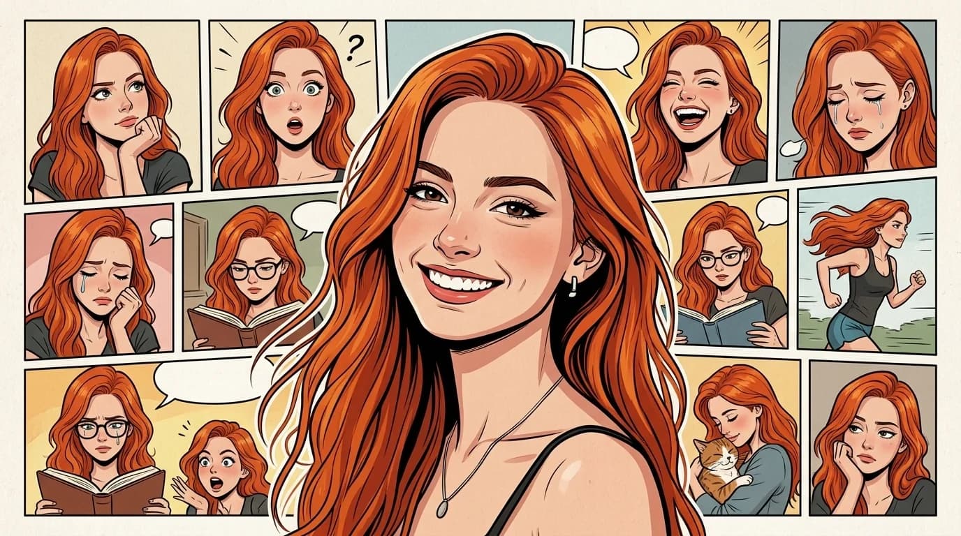 Ilustração da Lola em colagem de painéis de quadrinho ao redor da figura central