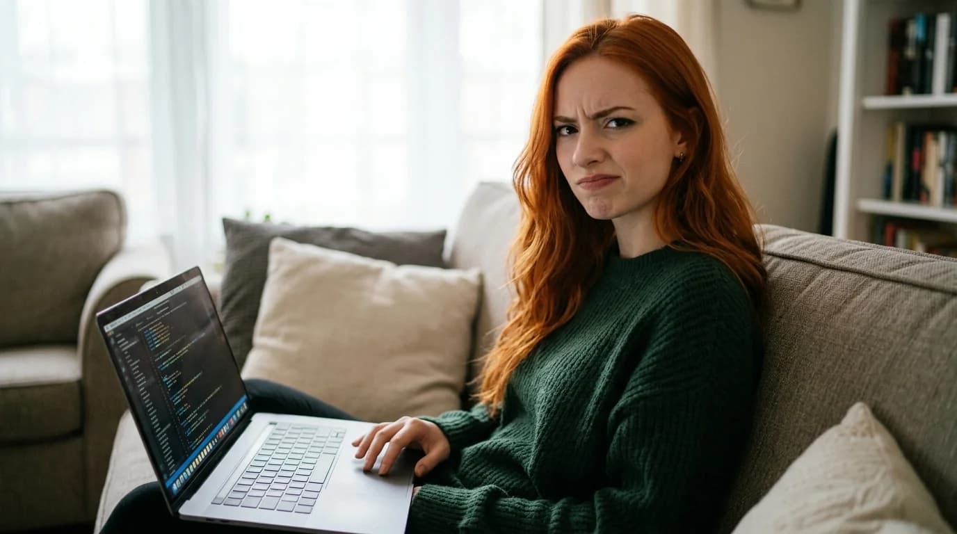 ChatGPT pode ser namorada virtual? — mulher ruiva com sobrancelha levantada, notebook no sofá, expressão de dúvida