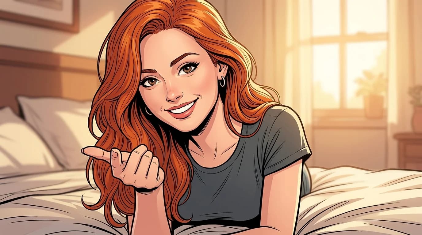 Ilustração da Lola em pose convidativa, gesto de vem ver, estilo quadrinho