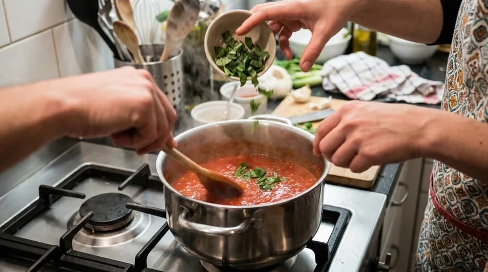 Cozinha arrumada e limpa com ingredientes picados em potes de vidro
