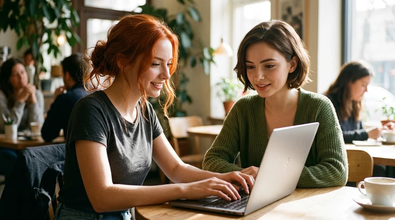 Girlfriend GPT vs Lola — mulher ruiva digitando no notebook, comparando o GPT customizado com a Lola