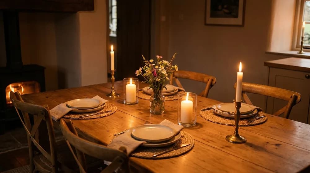 Mesa posta simples com velas e prato caseiro apetitoso