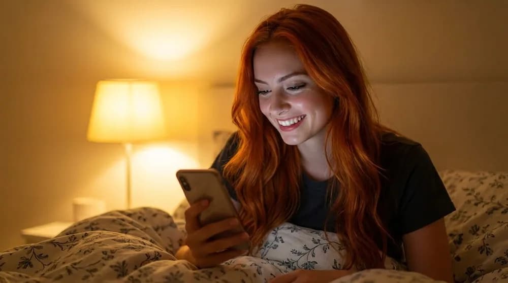 Mulher sorrindo olhando a tela do celular em clima intimista
