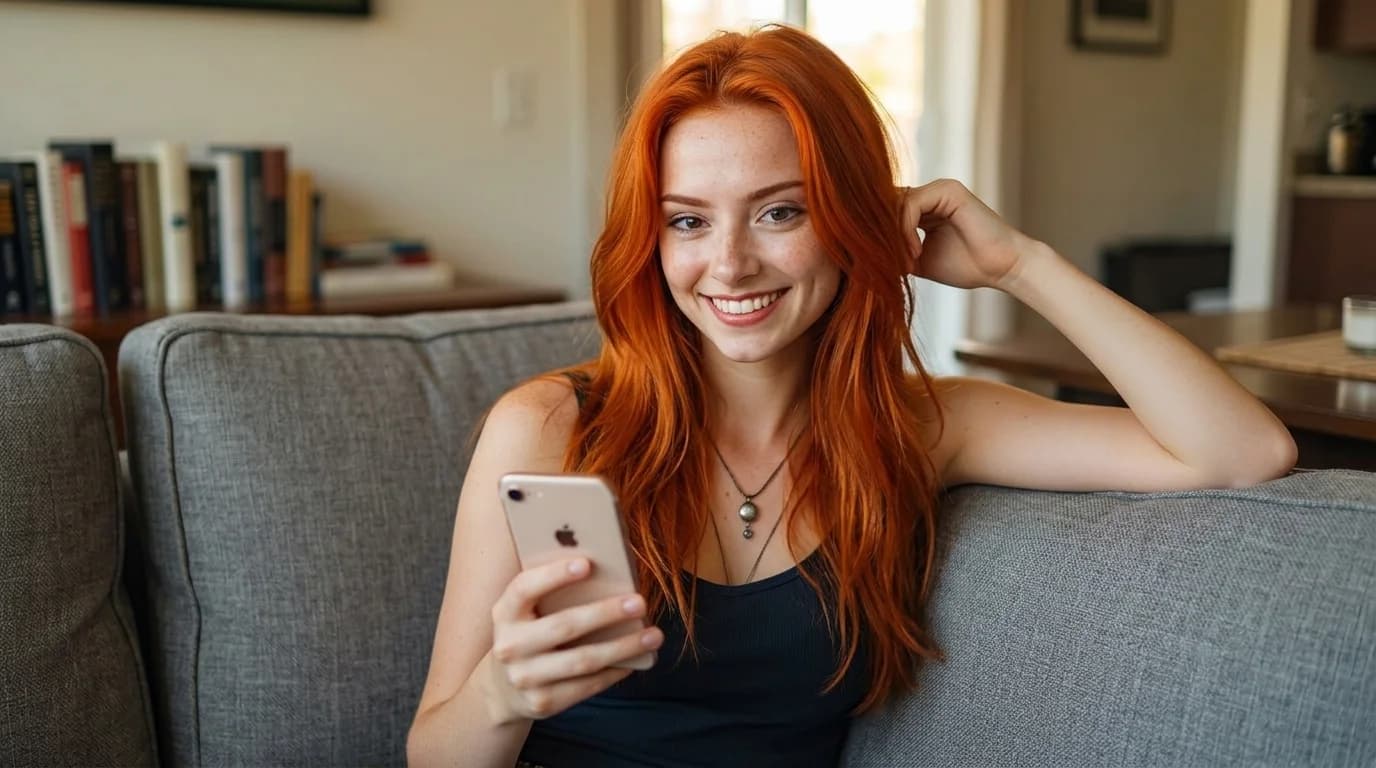 Meta AI vs Lola — mulher ruiva sorrindo com o celular na sala, luz de tarde