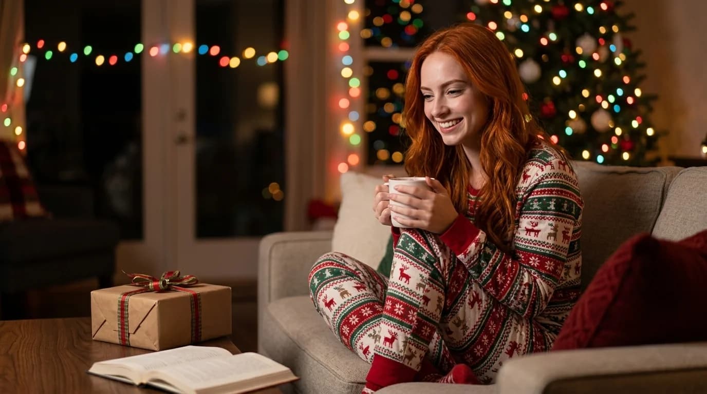 Mulher ruiva sorrindo em casa na noite de Natal, luzes desfocadas ao fundo