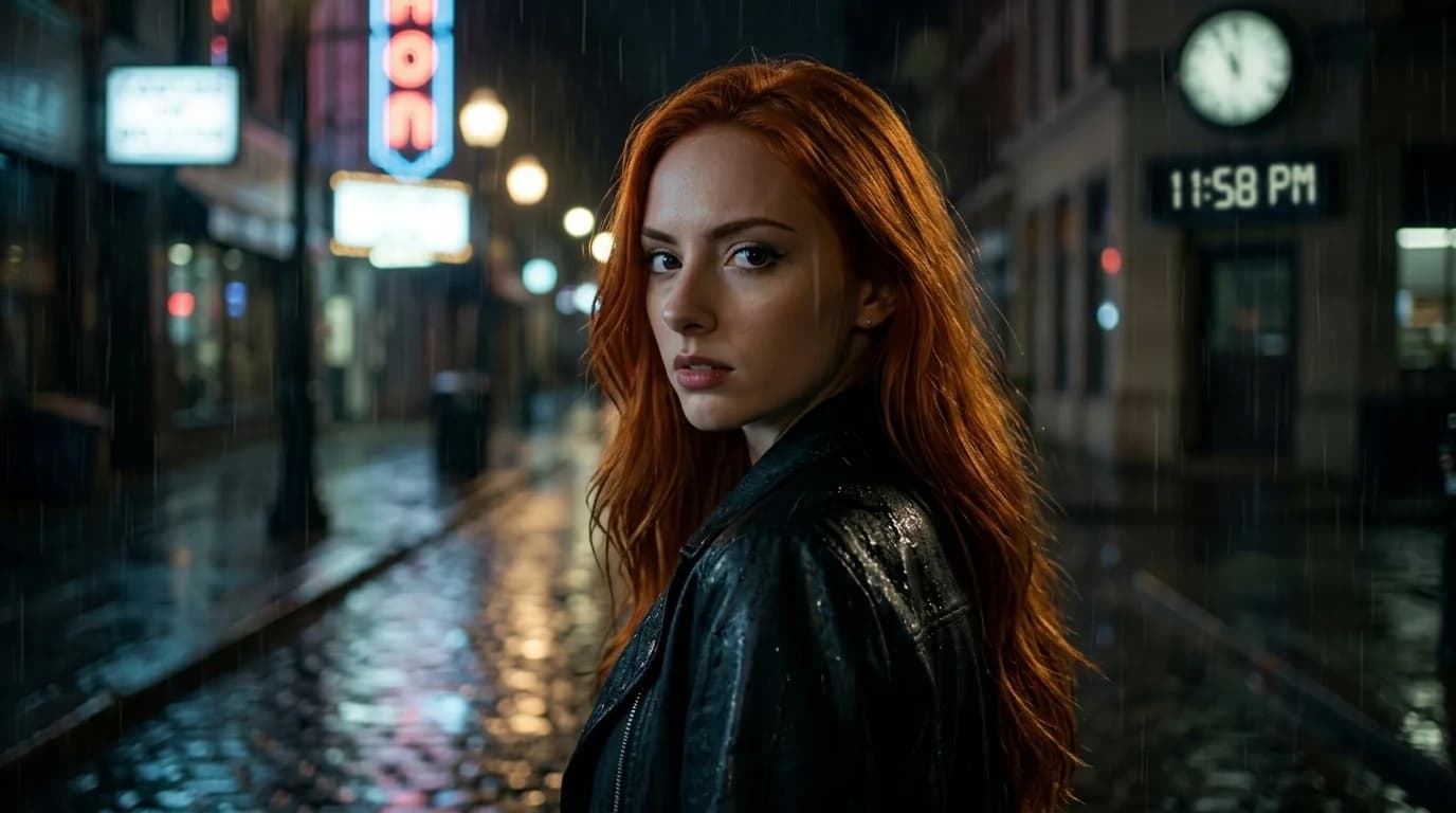Mulher ruiva olhando por cima do ombro em still cinematográfico noturno