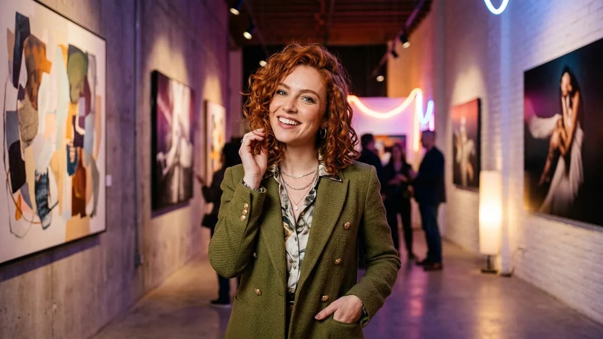 Mulher ruiva estilosa e confiante em galeria moderna