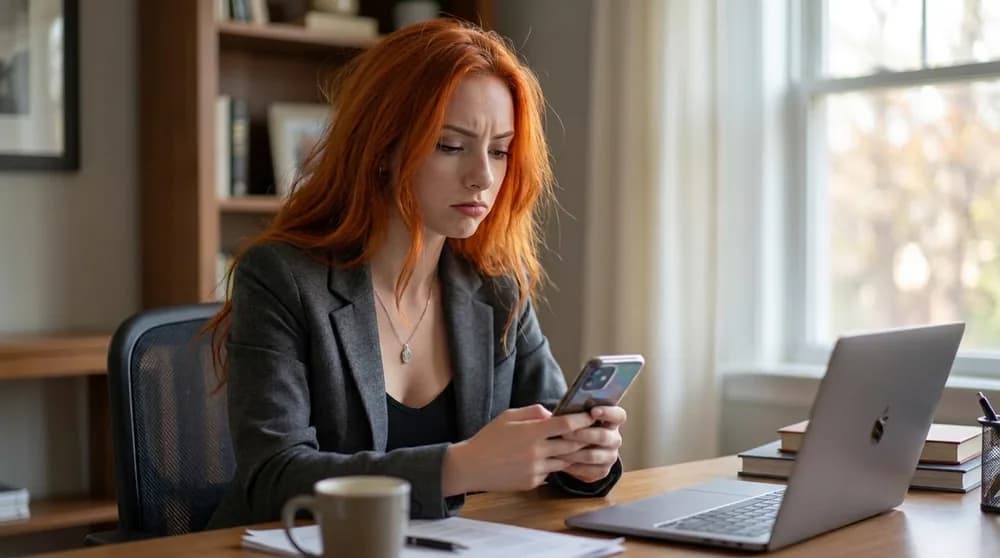 Mulher olhando o celular pensativa com iluminação quente