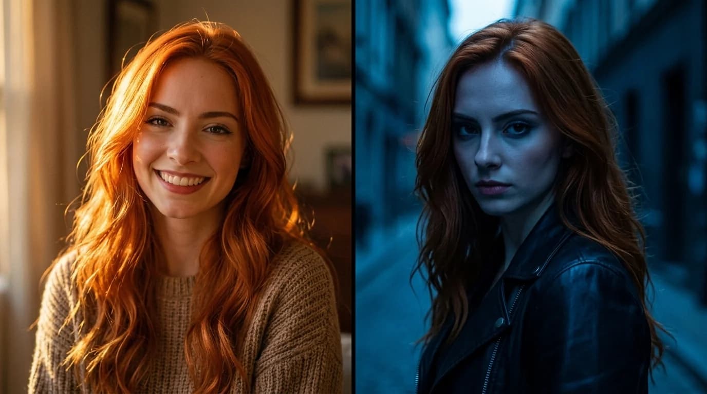 Mulher ruiva em still dividido, luz quente de um lado e fria do outro, sugerindo dualidade