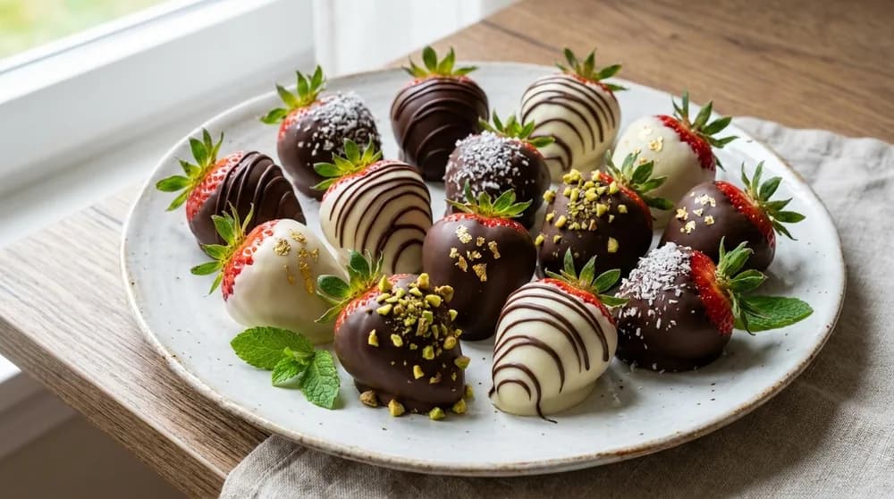 Morangos frescos banhados em chocolate amargo brilhante