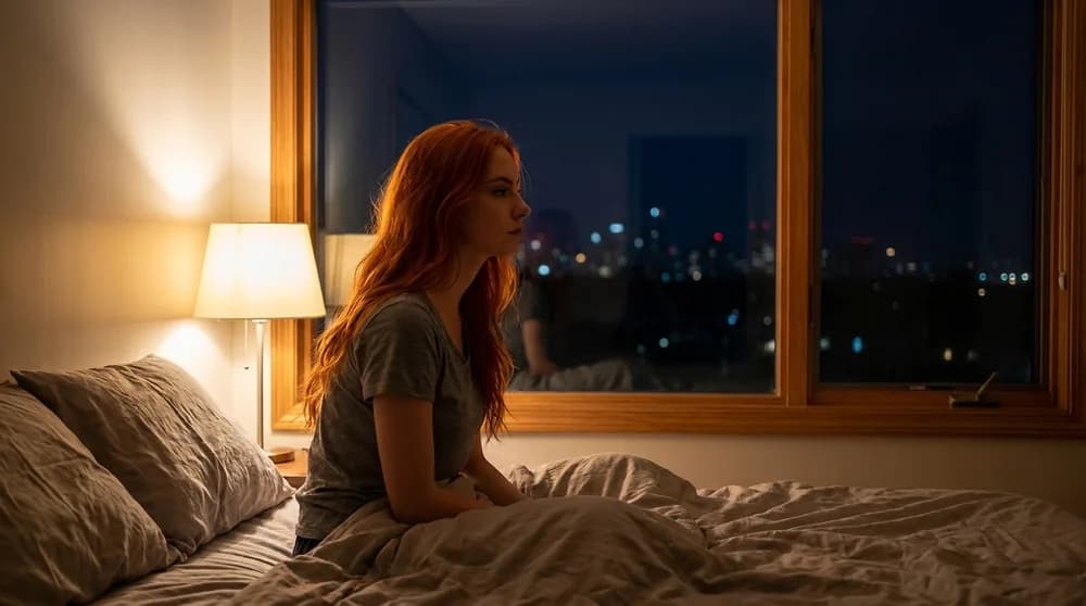 Quarto com iluminação suave e silhueta pensativa na janela