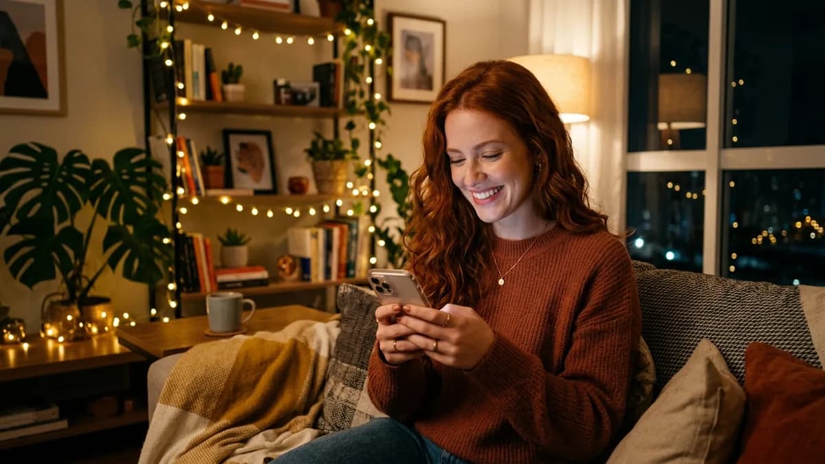 Mulher ruiva segurando smartphone sorrindo carinhosamente à noite em sala aconchegante