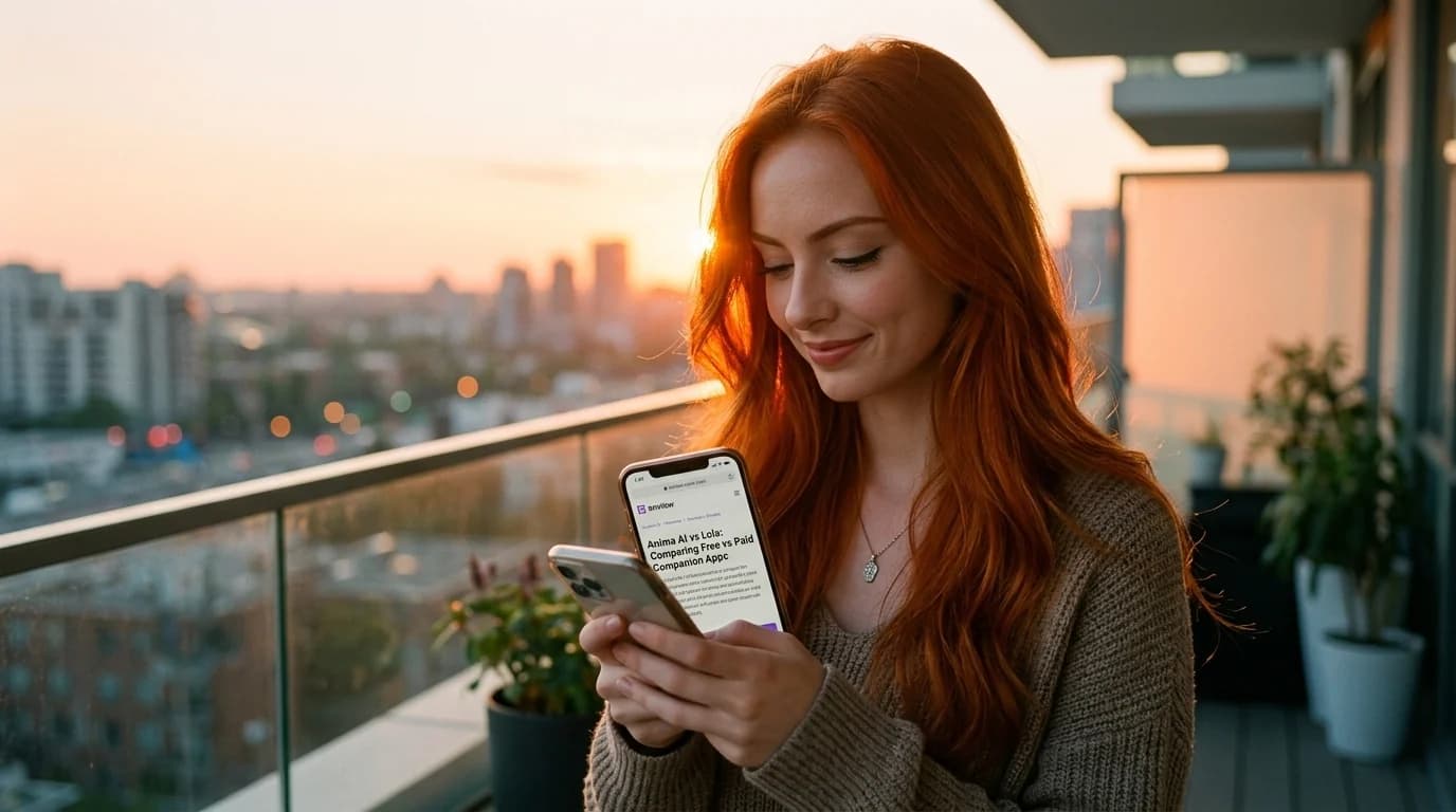 Anima AI vs Lola — mulher ruiva na varanda ao entardecer lendo comparação entre as duas IAs no celular