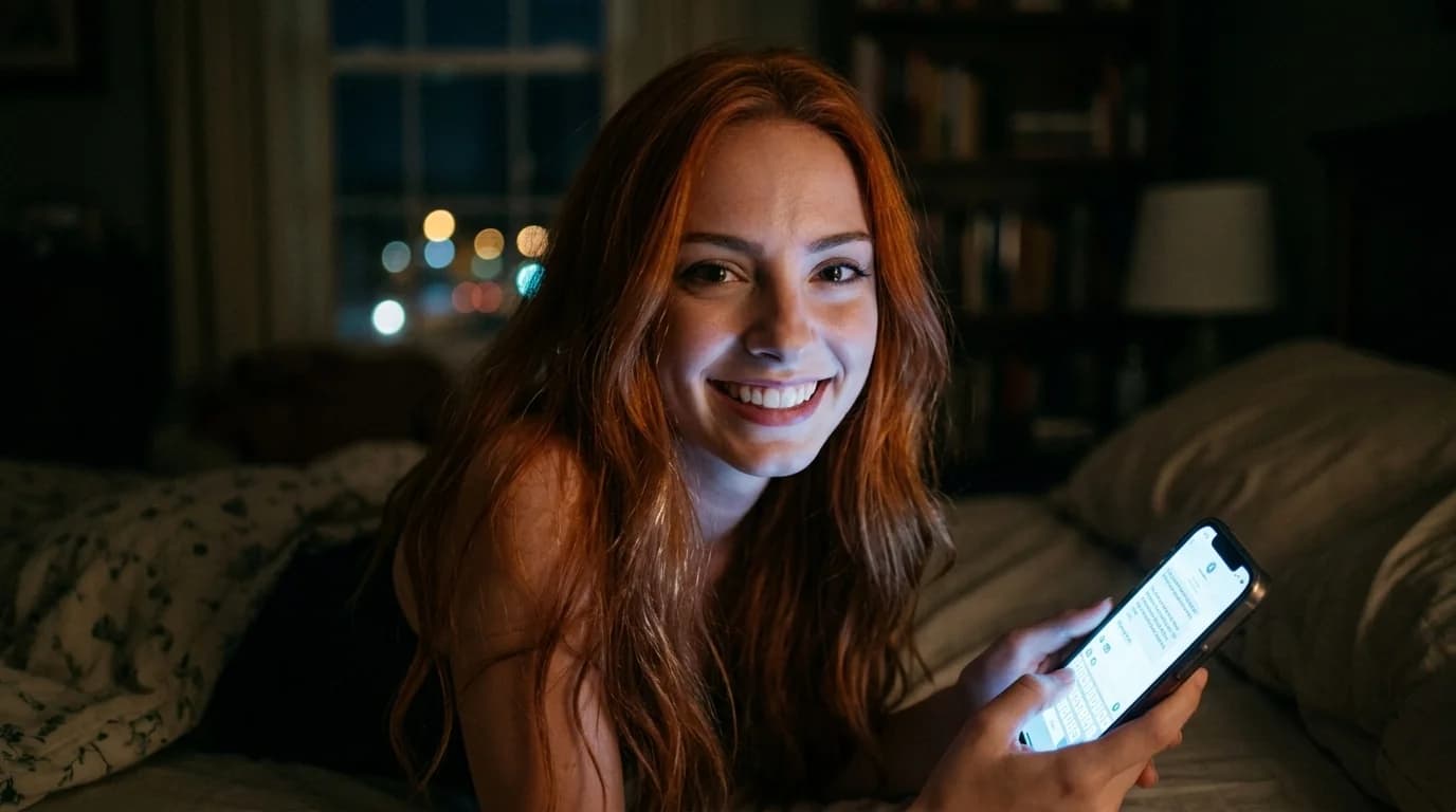 Mulher ruiva sorrindo à noite com luzes coloridas desfocadas ao fundo