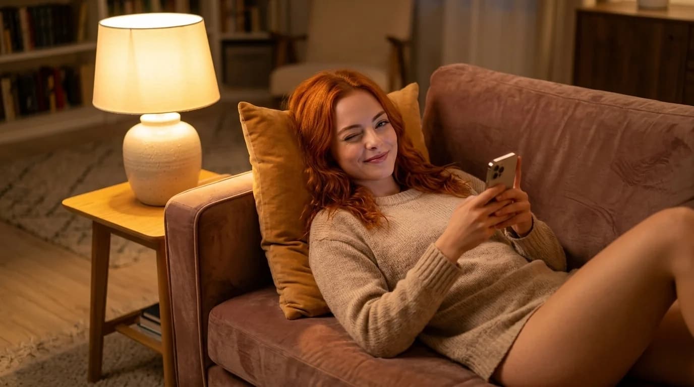 Mulher ruiva relaxando no sofá em casa, luz quente e aconchegante