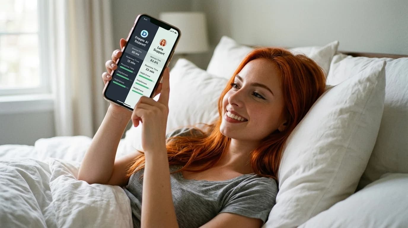 Dopple AI vs Lola — mulher ruiva deitada na cama com o celular, comparando suporte em português