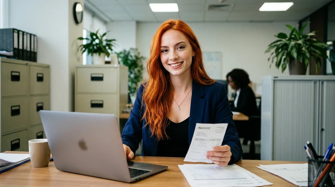 Mulher ruiva sentada à mesa com notebook, expressão didática