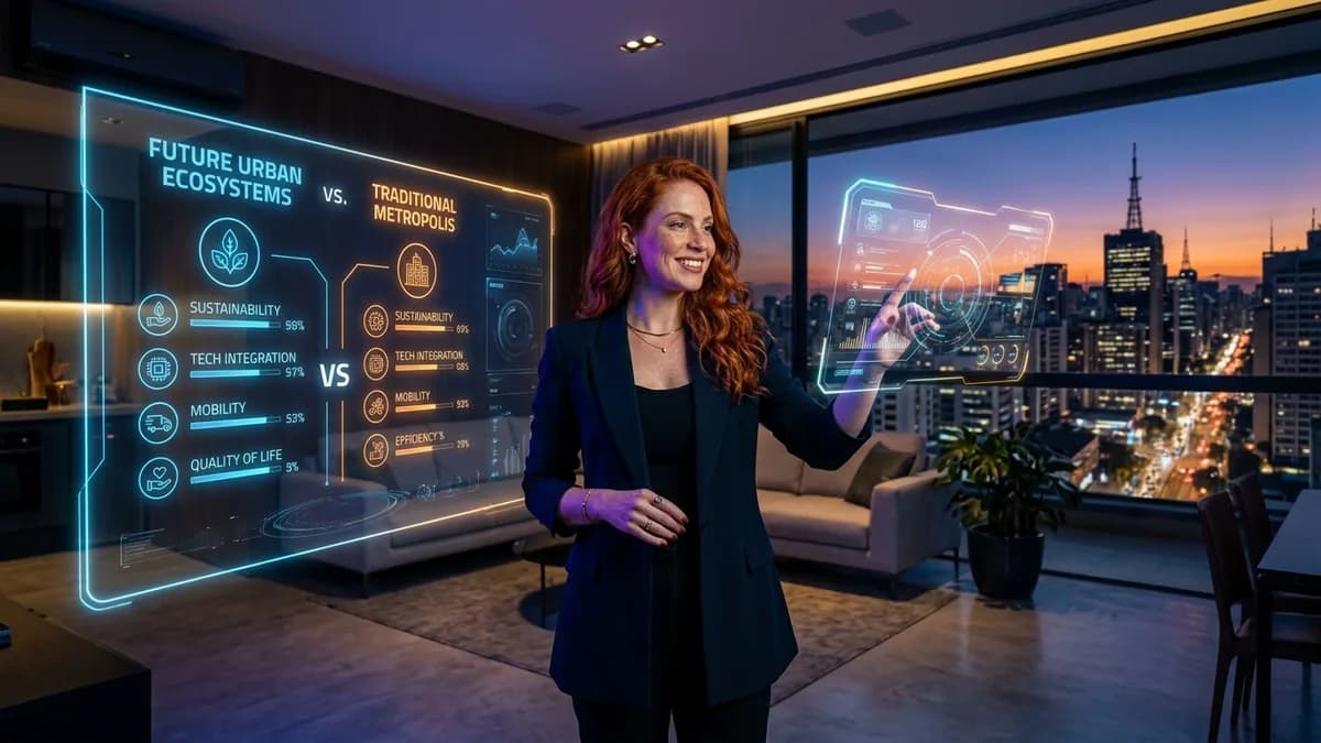 Mulher ruiva elegante em cobertura futurista com painéis holográficos interativos