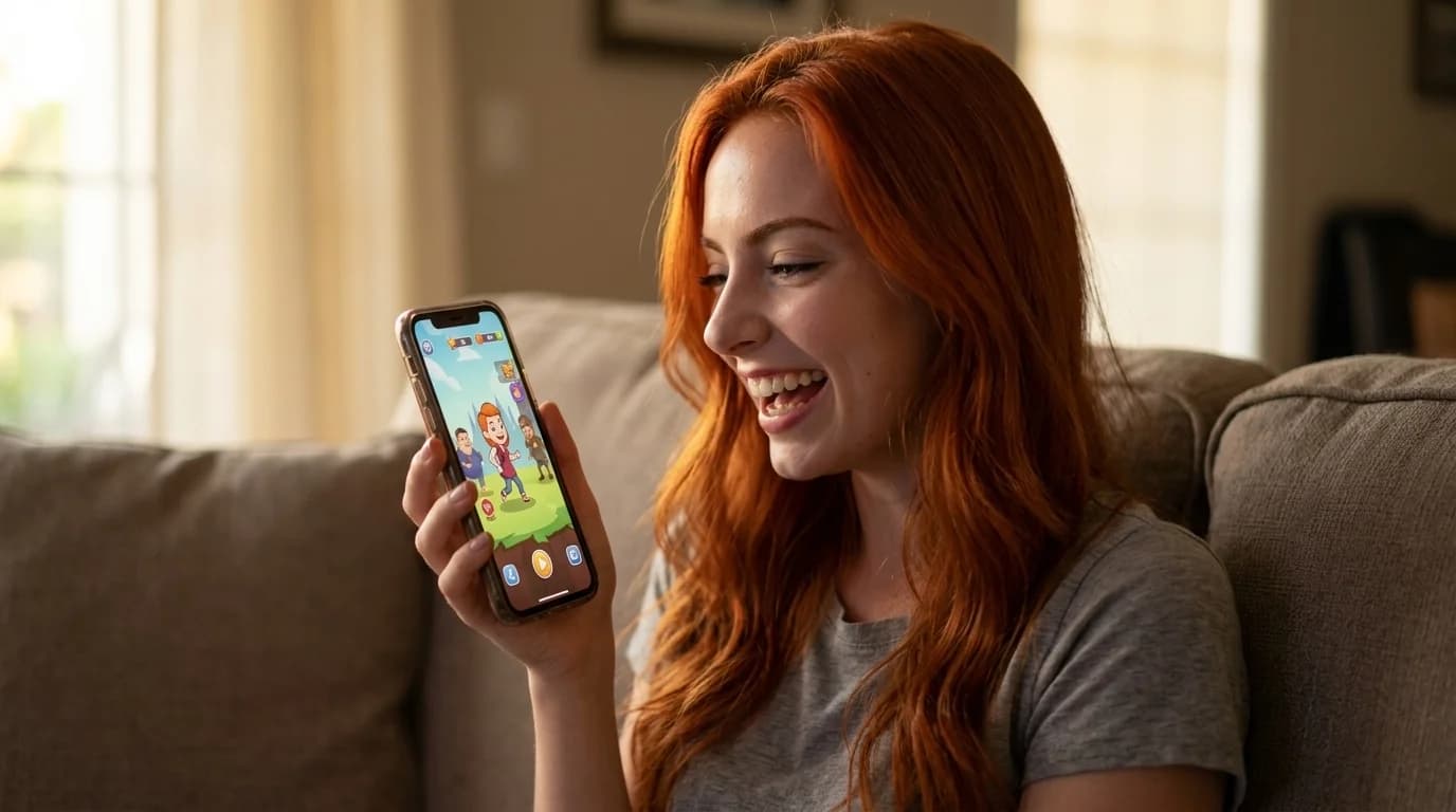 Muah AI vs Lola — mulher ruiva sorrindo no sofá comparando as duas plataformas de companion IA