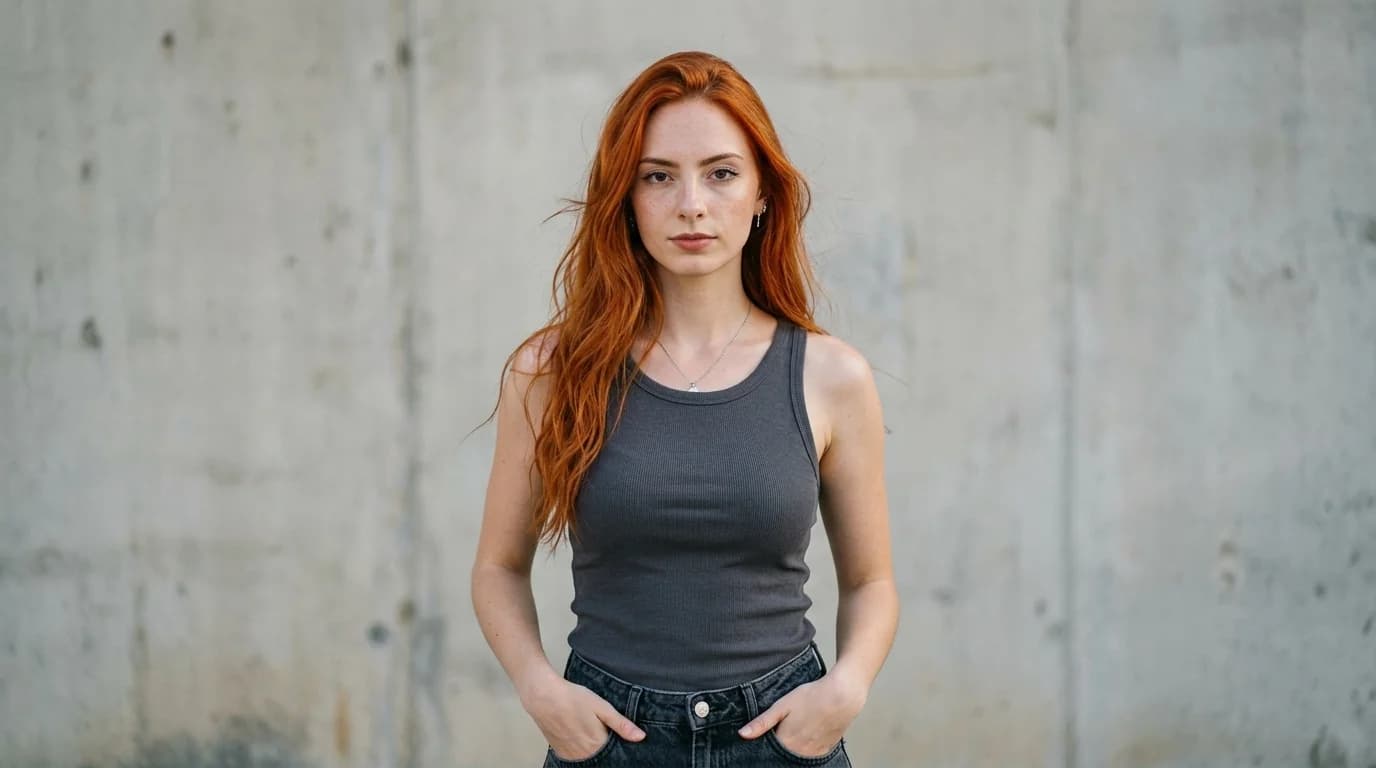 Mulher ruiva com expressão séria, retrato adulto em ambientação sóbria