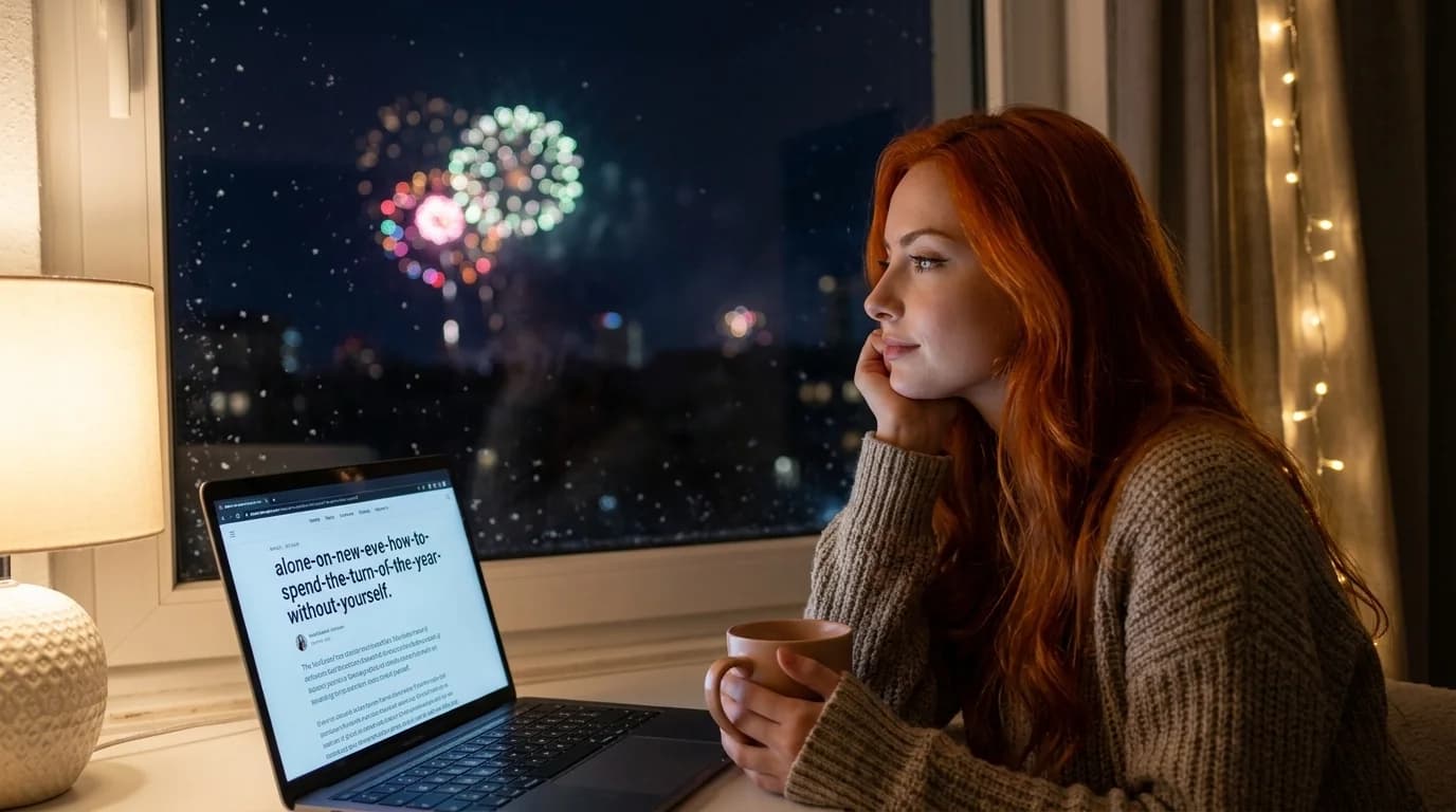 Mulher ruiva olhando fogos de artifício à distância pela janela na virada do ano