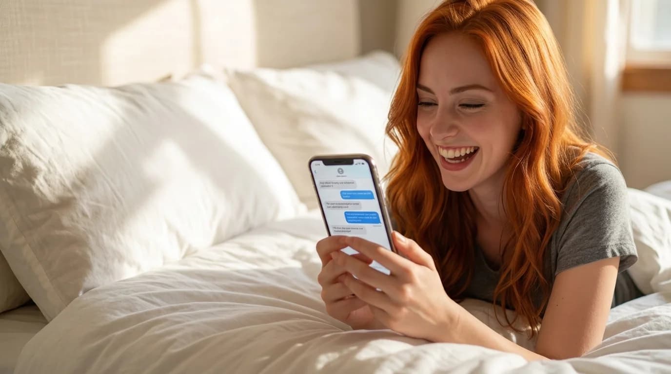 Talkie AI vs Lola — mulher ruiva deitada na cama rindo ao ler mensagem no celular